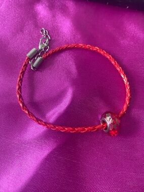 Red Braided Leather Bracelet with Sparkling Red Glass Bead 925 charm